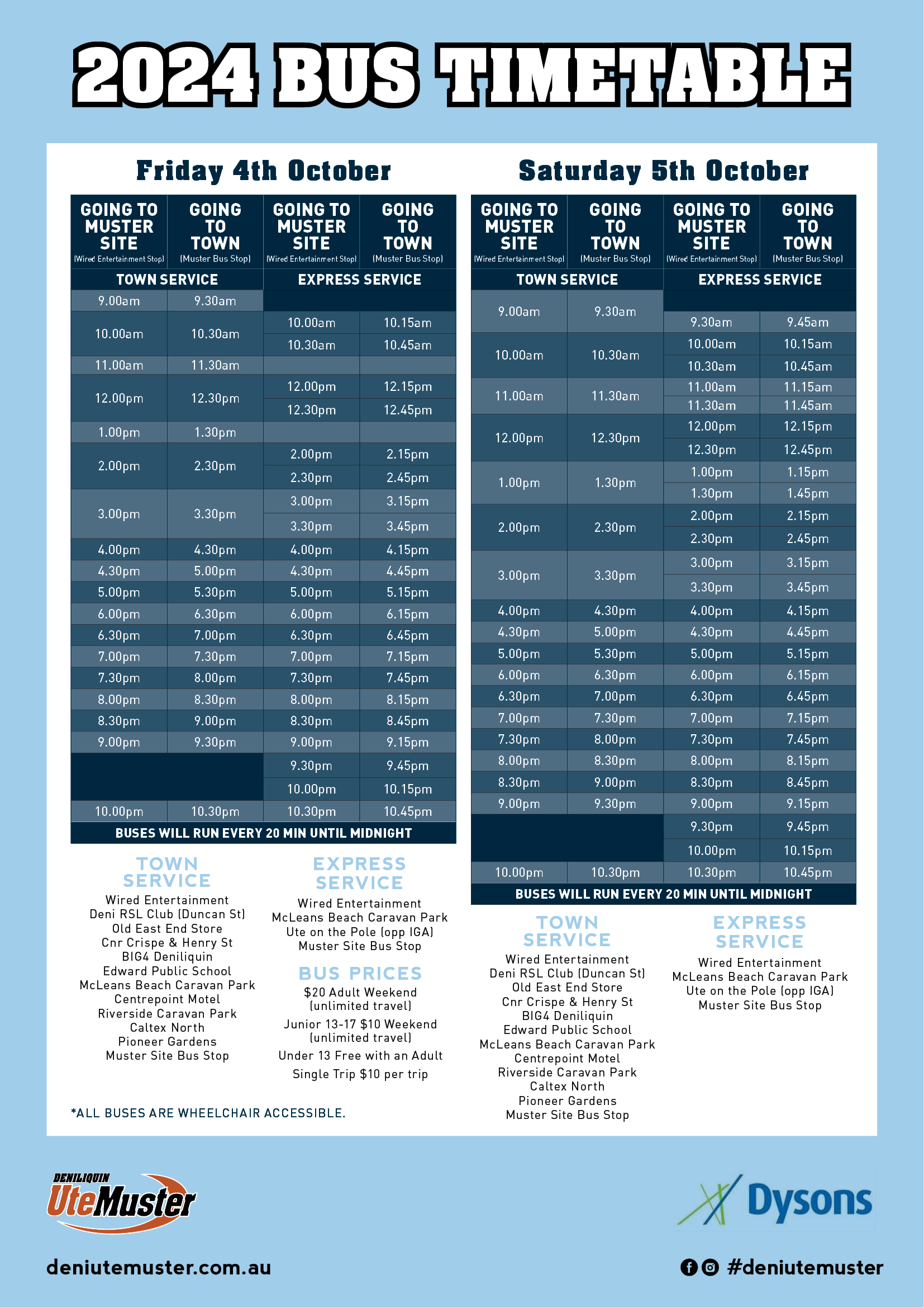Deni Ute Muster 2024 Bus Timetable A4 Poster
